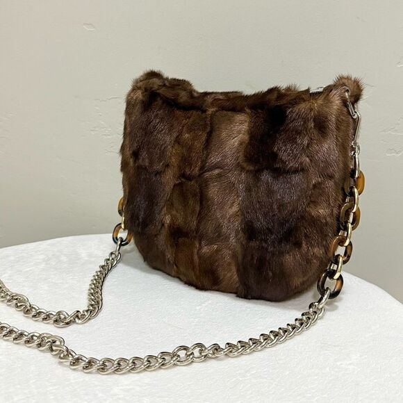 Natural Brown Handmade Real Mink Fur Half Moon Shoulder Bag/Crossbody - Picture 3 of 16